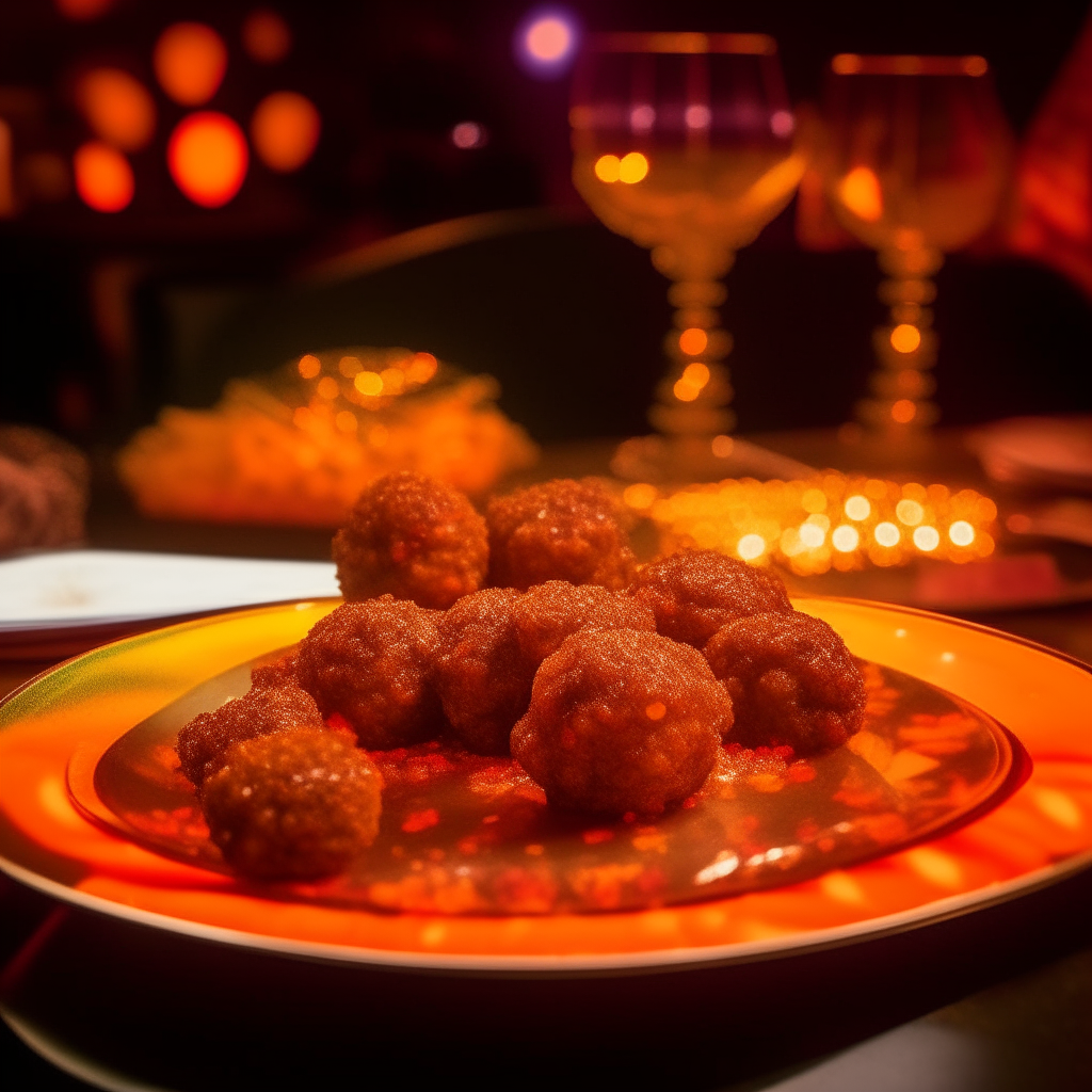 A plate of orange glazed meat sitting on a VIP table at a 1970s disco party, with bright disco lights and spotlights shining down from a rotating disco ball overhead reflecting colors onto the meat.