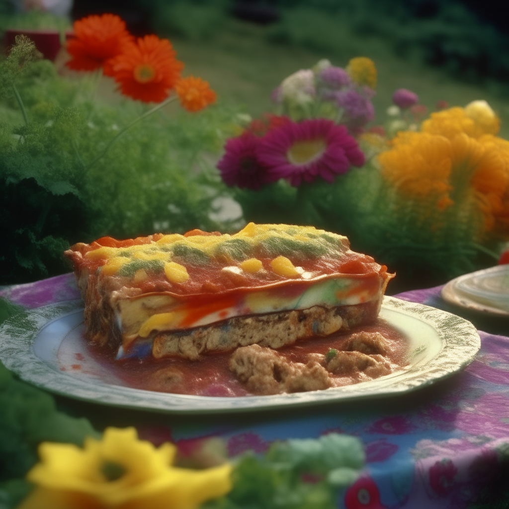 A vegetarian lasagna dish filled with colorful vegetables and cheese, sitting on a table outside a hippie commune in nature, surrounded by flowers and trees. 1970s style.