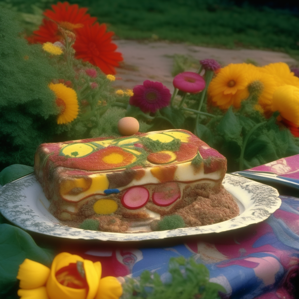 A vegetarian lasagna dish filled with colorful vegetables and cheese, sitting amidst flowers in a hippie garden. A peace symbol is drawn in the dirt beside it. 1970s style.