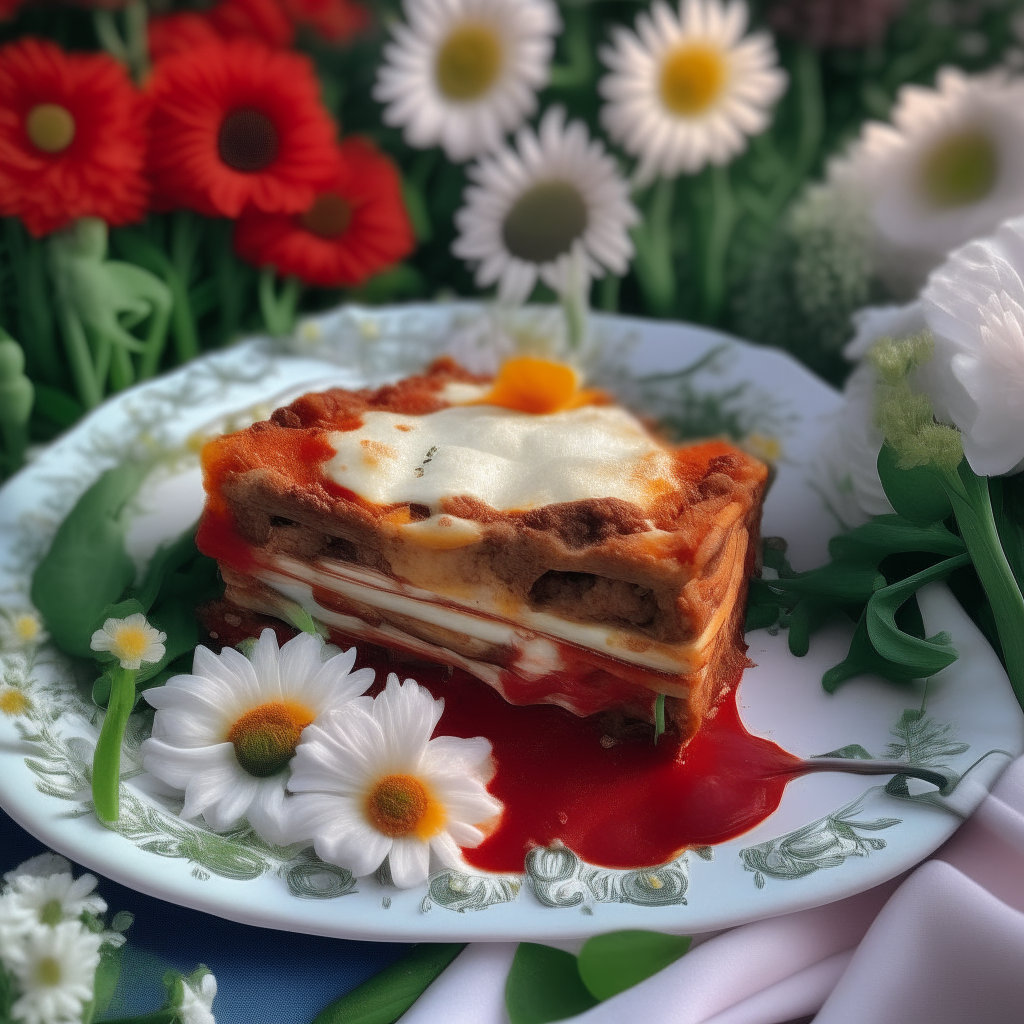 A slice of vegetarian lasagna with layers of pasta, tomato sauce, ricotta, spinach and mushrooms is sitting in the middle of a flower garden with daisies, roses and tulips arranged in a peace symbol around it.