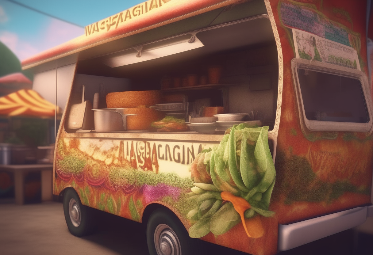 a vegetarian lasagna placed on the counter inside a hippie food truck, photorealistic