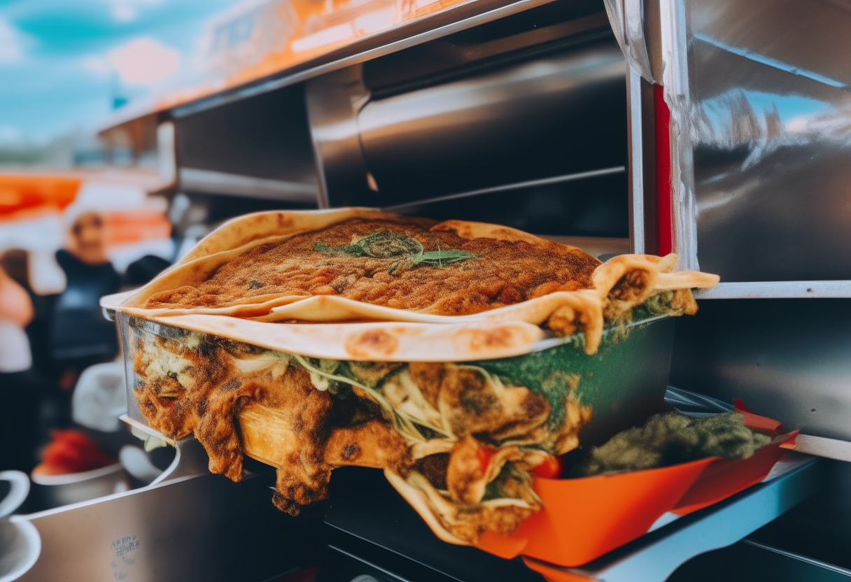 A close up view of a vegetarian lasagna occupying 25% of the image frame, placed on the counter inside a hippie food truck