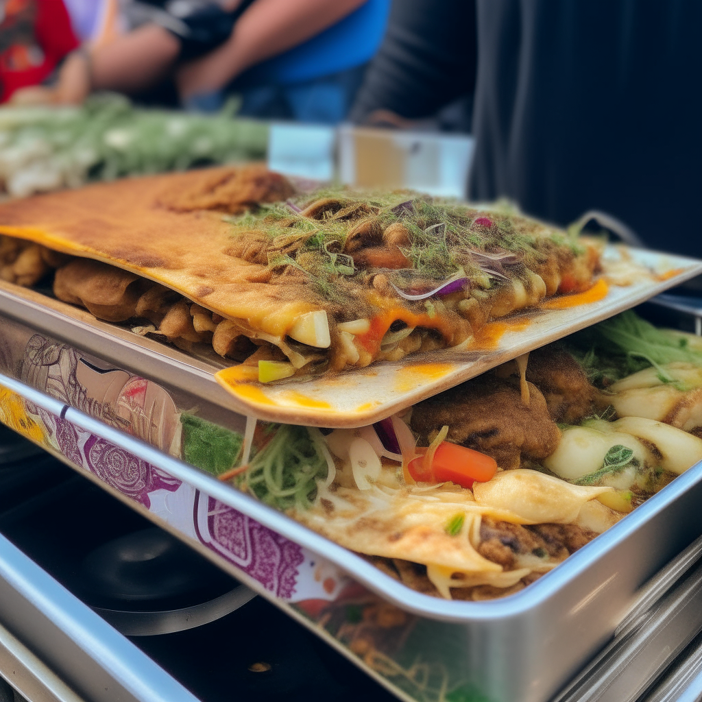 close up of a hippie food truck counter serving a vegetarian lasagna