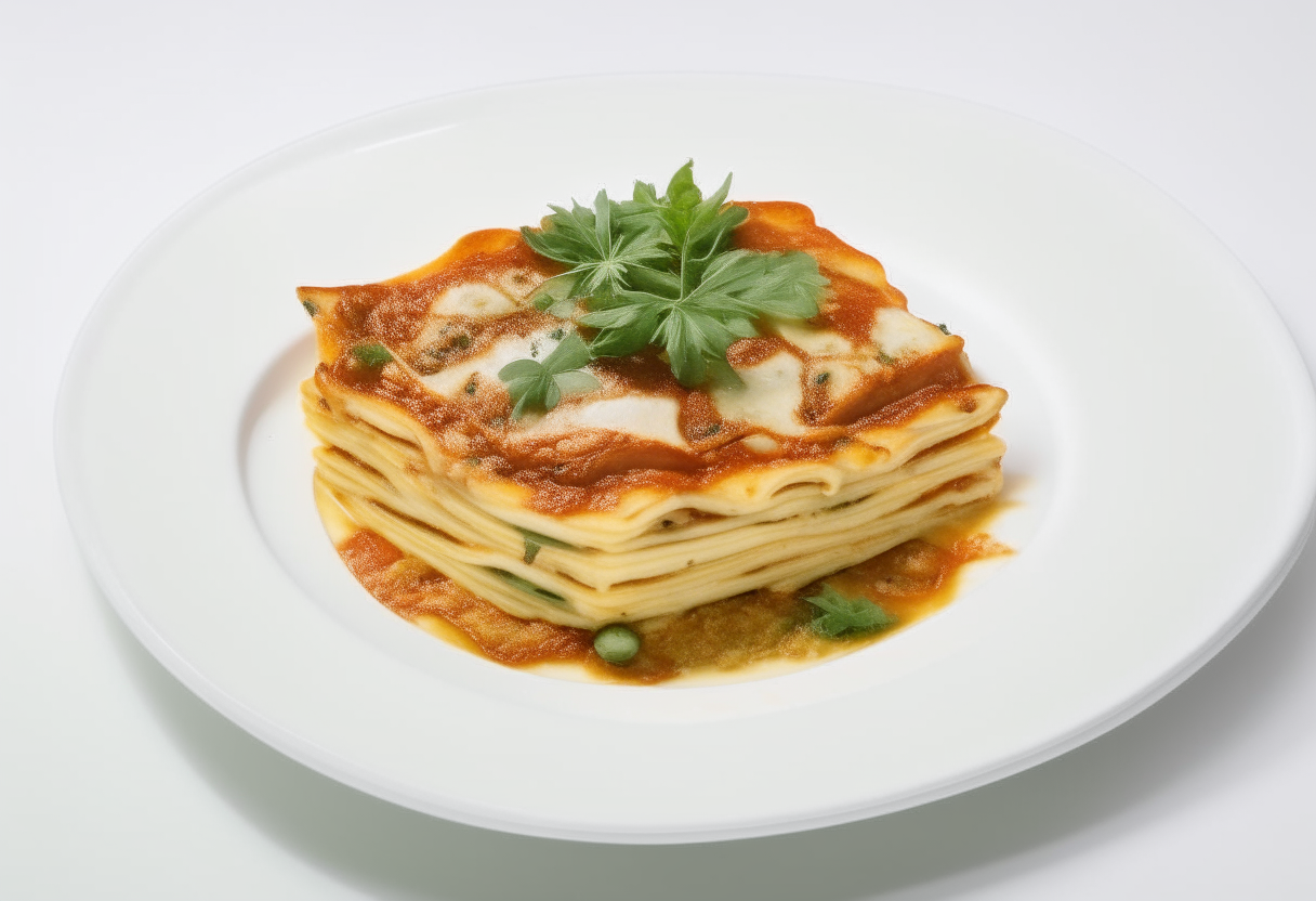 A uniformly shaped vegetarian lasagna placed in the center of a white plate, occupying 25% of the image frame