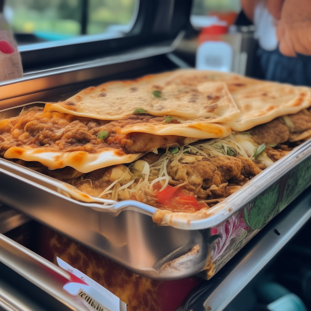 close up of a hippie food truck counter with one tray containing a vegetarian lasagna