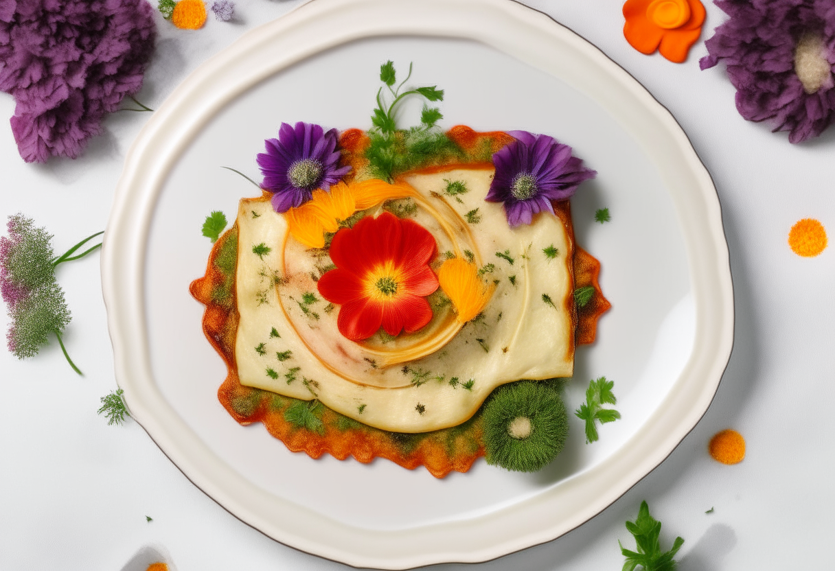 A uniformly shaped vegetarian lasagna placed in the center of a white plate with hippie flower decorations around the sides, occupying 25% of the image frame