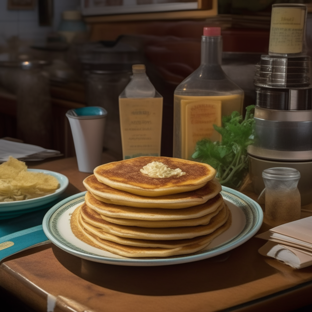 A stack of golden brown potato pancakes with herbs on a vintage 1970s diner table. There is a record player and other 70s memorabilia in the background.