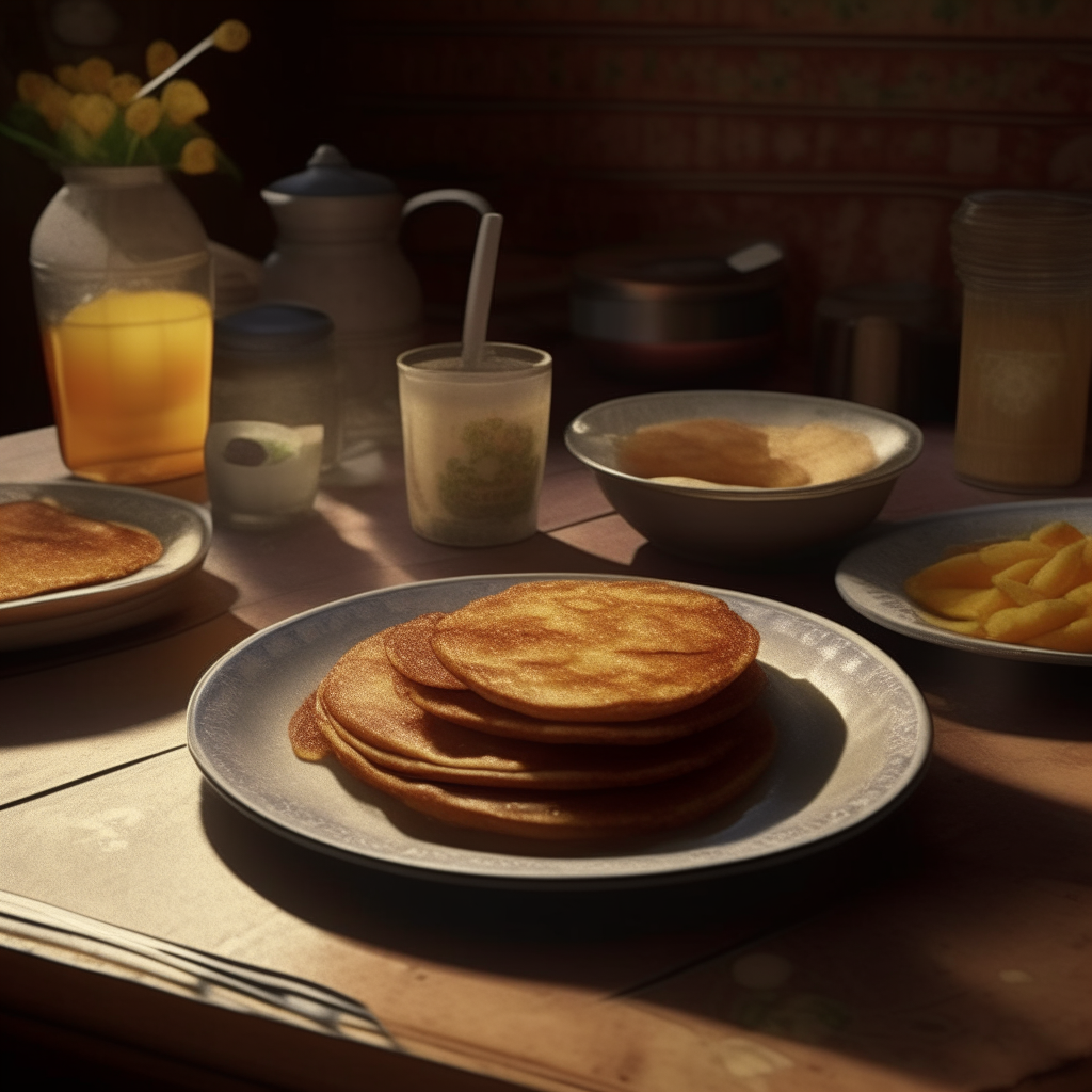 a plate with 7 deep fried and very crispy potato made pancakes on a table in a 70s hippie kitchen, photorealistic