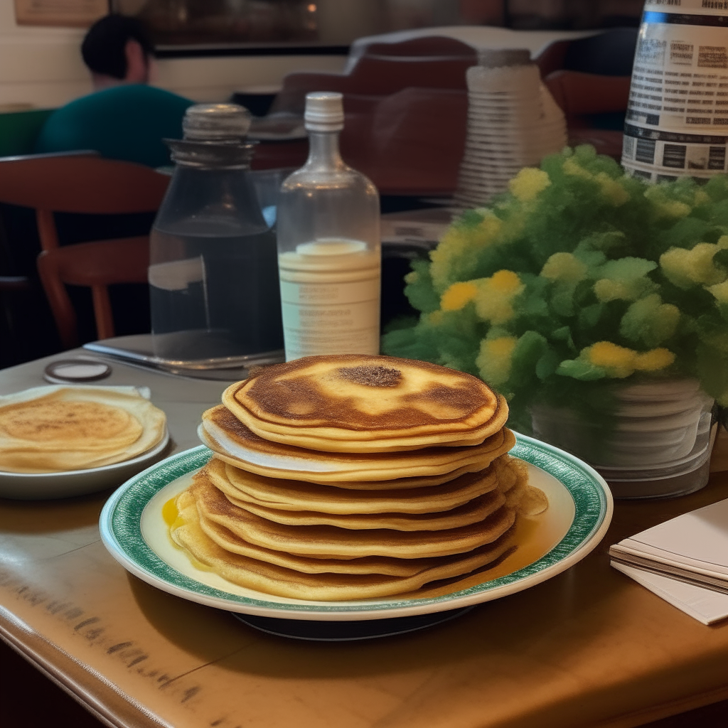 A stack of round, golden brown potato pancakes with herbs on a 1970s diner table. There are some records and other 1970s items in the background.