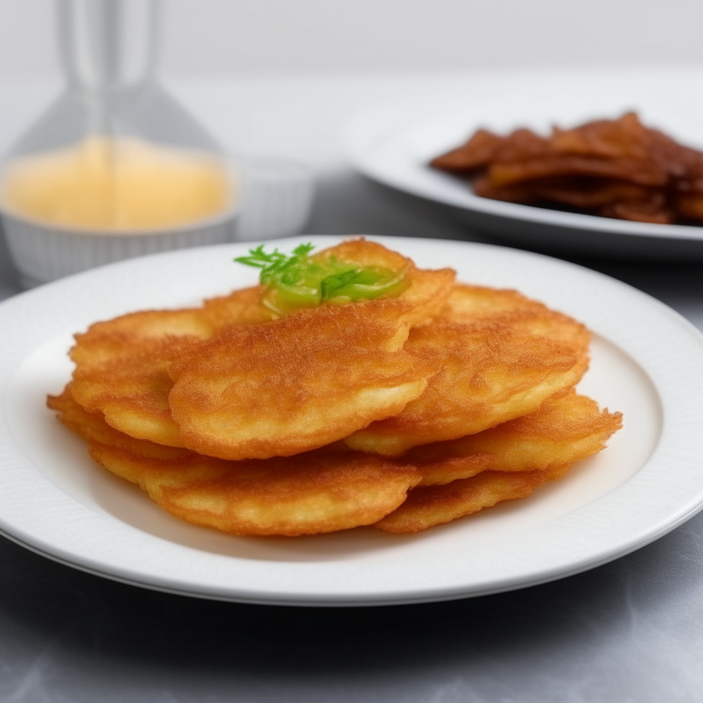 Many small crispy deep fried potato pancakes on a white plate