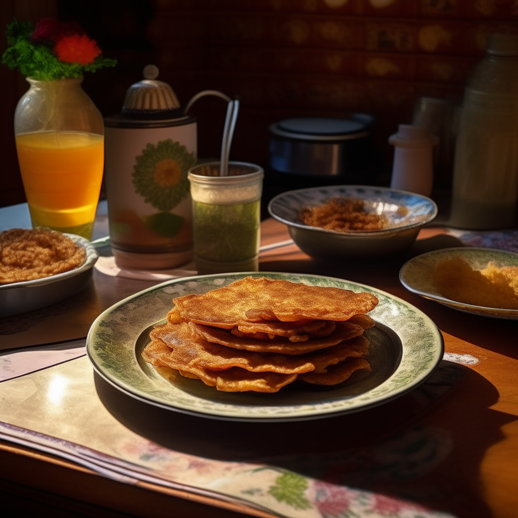 a plate with 7 deep fried and very crispy potato pancakes on a table in a 70s hippie kitchen, with increased brightness