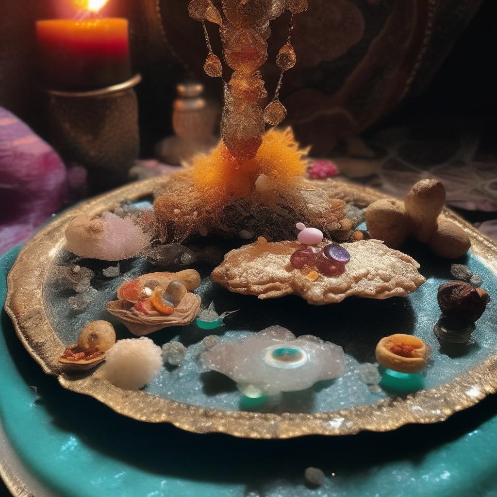 a plate with 7 deep fried and very crispy potato pancakes on top of a hippie shrine made of crystals, incense, and beads