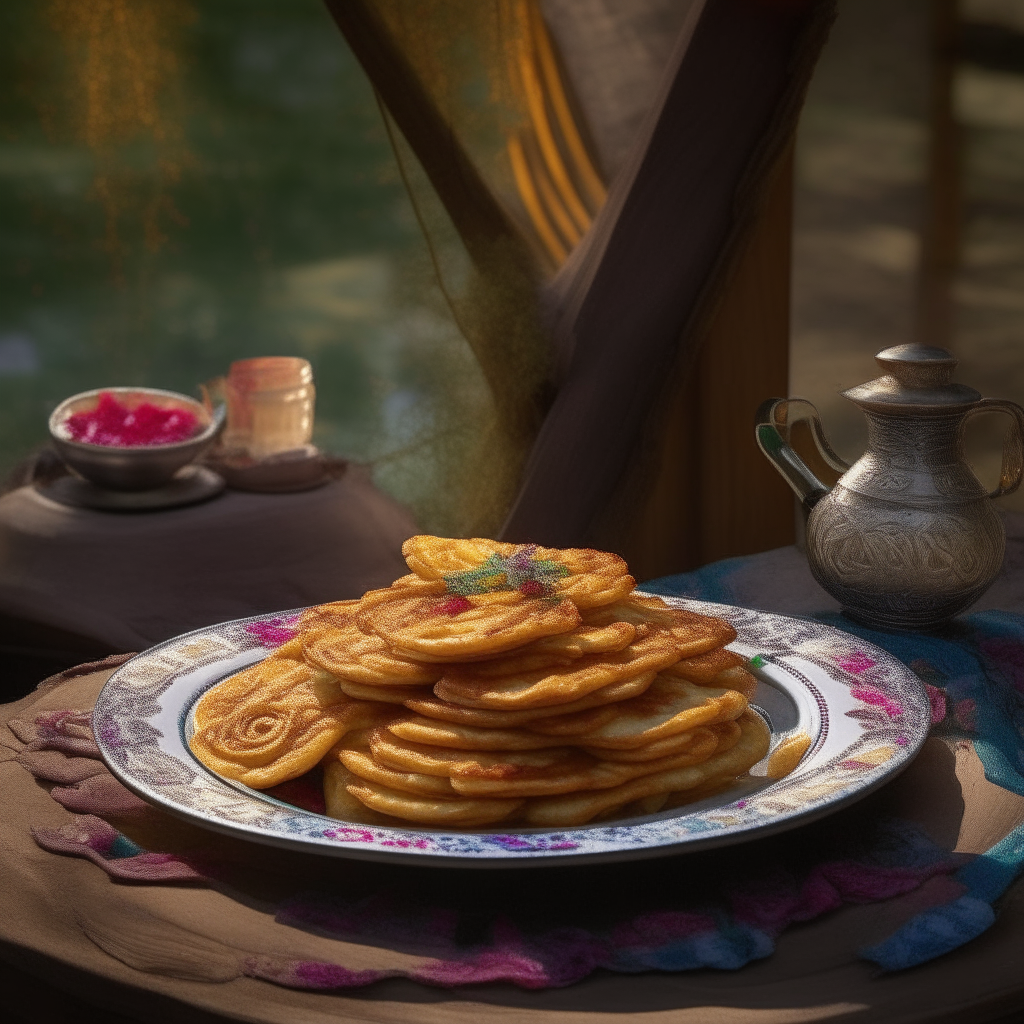 a plate with 7 deep fried and very crispy potato pancakes on top of a stand with hippie decorations outside the plate, photorealistic