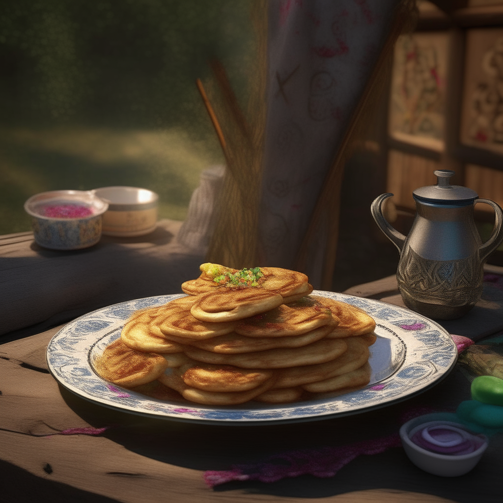 a plate with 7 deep fried and very crispy potato pancakes on top of a stand with hippie decorations outside the plate, photorealistic