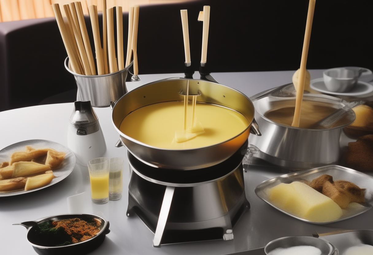 cheese melt fondue recipe on a metal stand with a backdrop of equal rights demonstration women image from the 70s