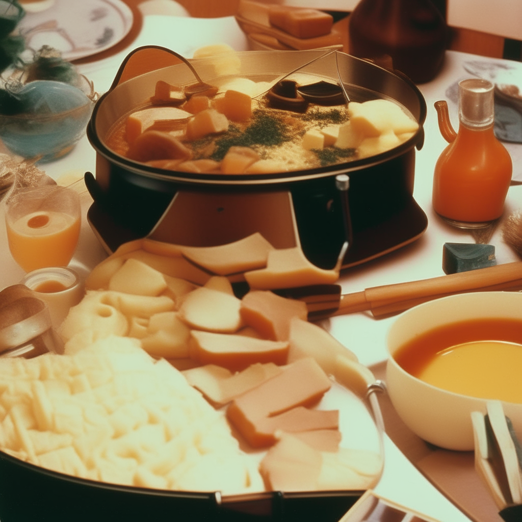 A close up view of a fondue pot filled with melted cheese at a 1970s feminist gathering, with feminist books and symbols surrounding it.