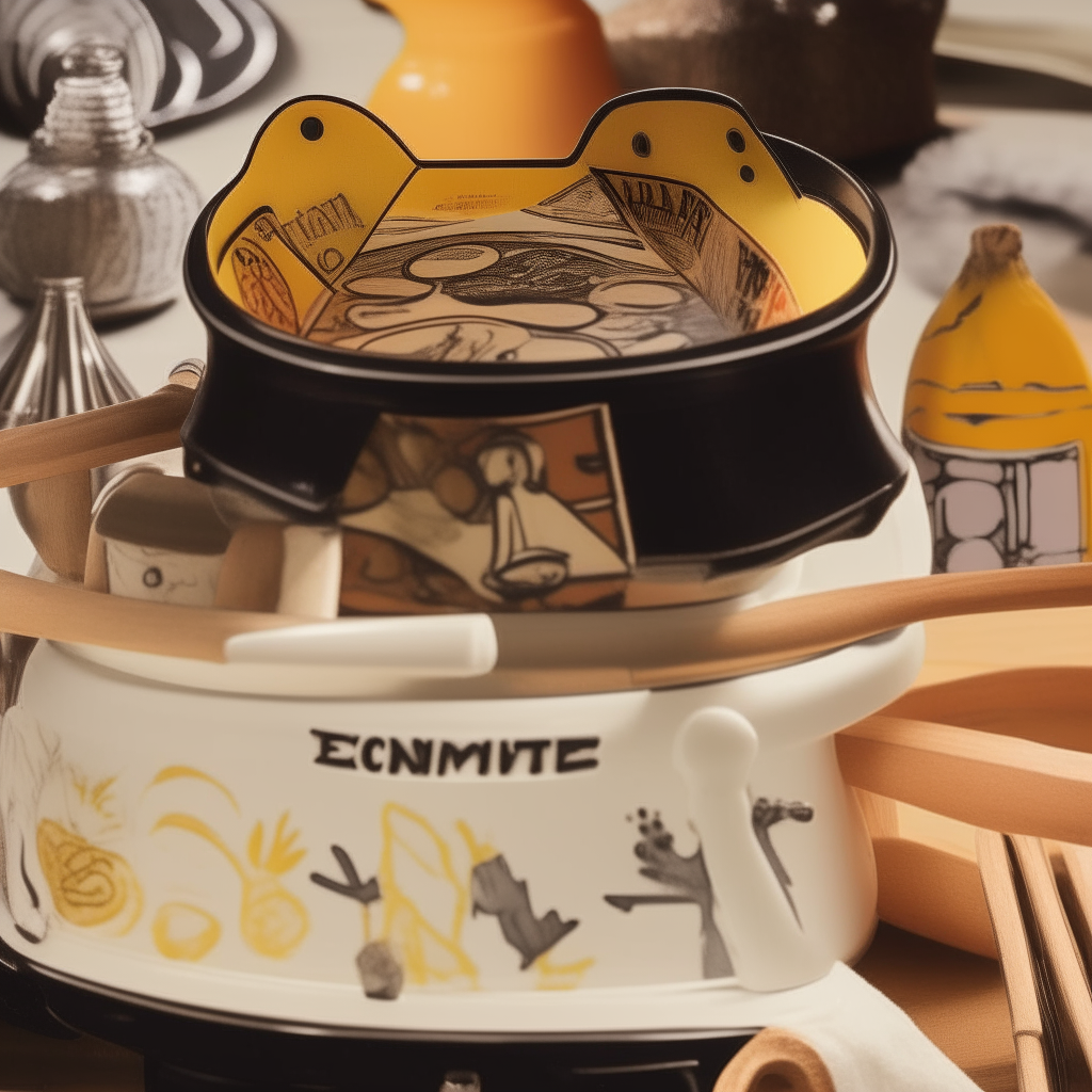 A close up of a cheese fondue pot on a metal stand surrounded by women's equality motifs and feminist symbols from the 1970s.