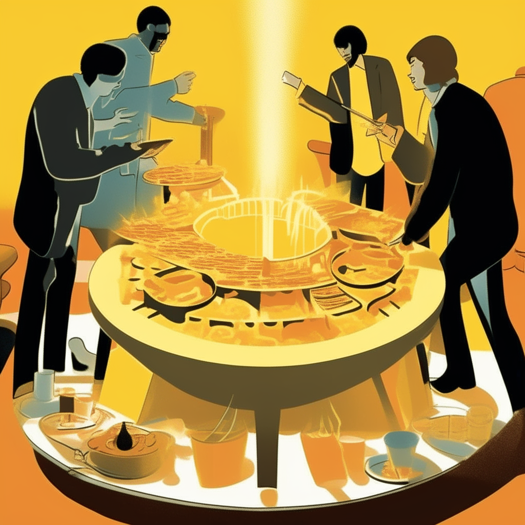 A round table in the 1970s with silhouetted men and women dipping bread into a bubbling cheese fondue pot. Cheese fondue pot on a stand surrounded by bread cubes on a 1970s dining table with silhouetted figures dipping bread in the melted cheese.