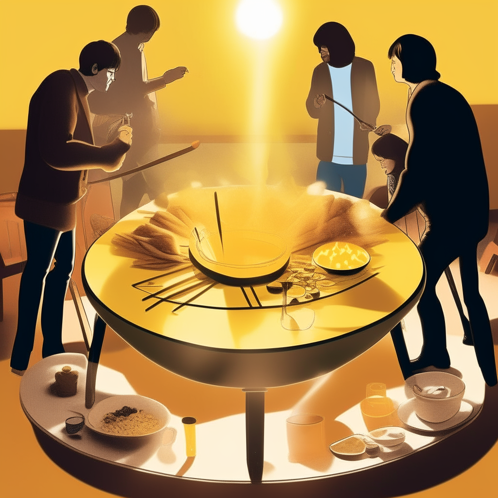 A round 1970s style dining table with men and women in silhouette dipping bread into a bubbling cheese fondue pot. Realistic photo.