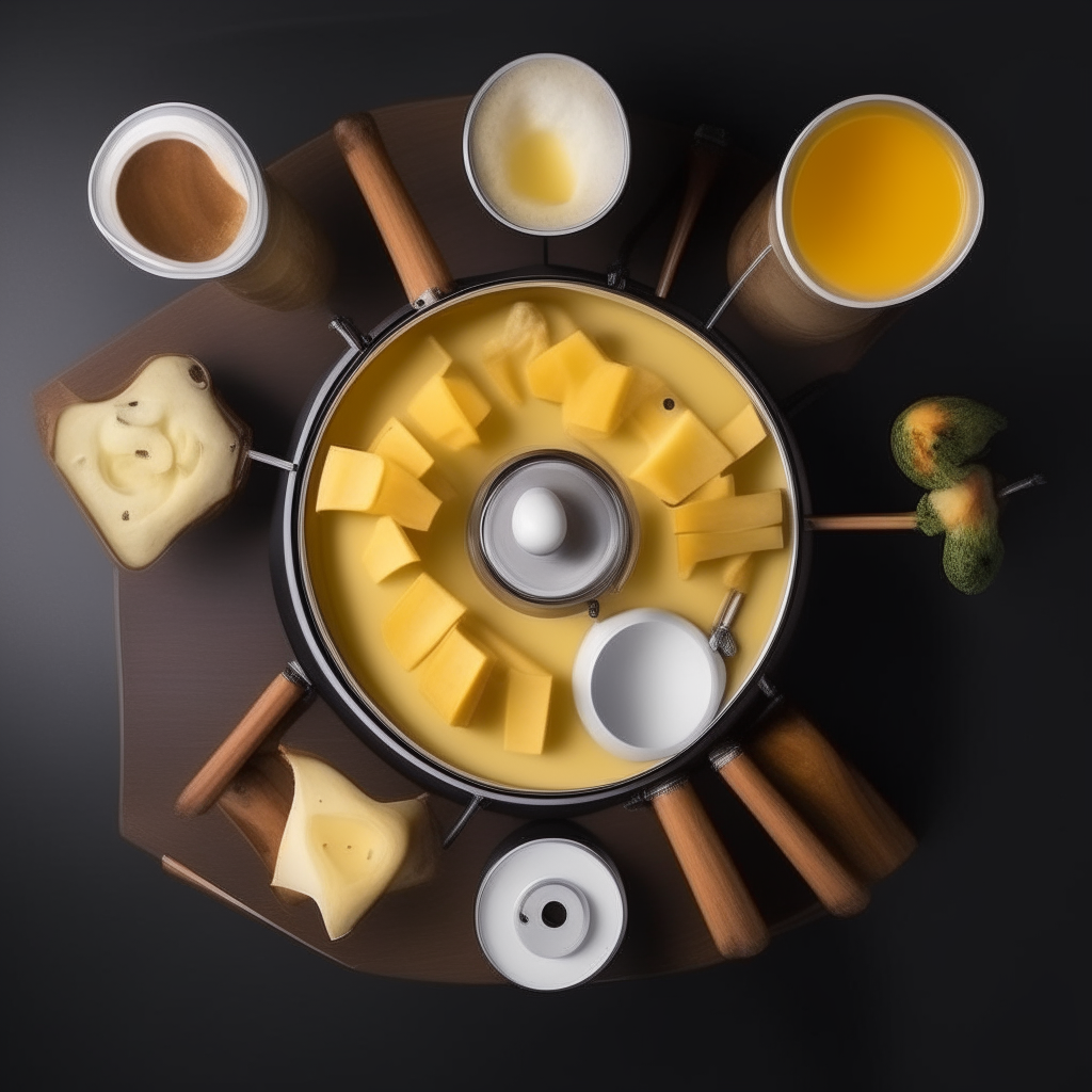 circular wooden table with melted cheese fondue in a metal stand in the center, top view