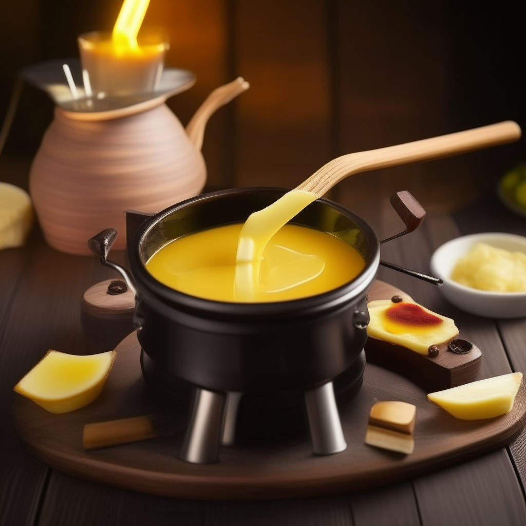 a close up photo of melted cheese fondue in a pot on a wooden kitchen table photorealistic