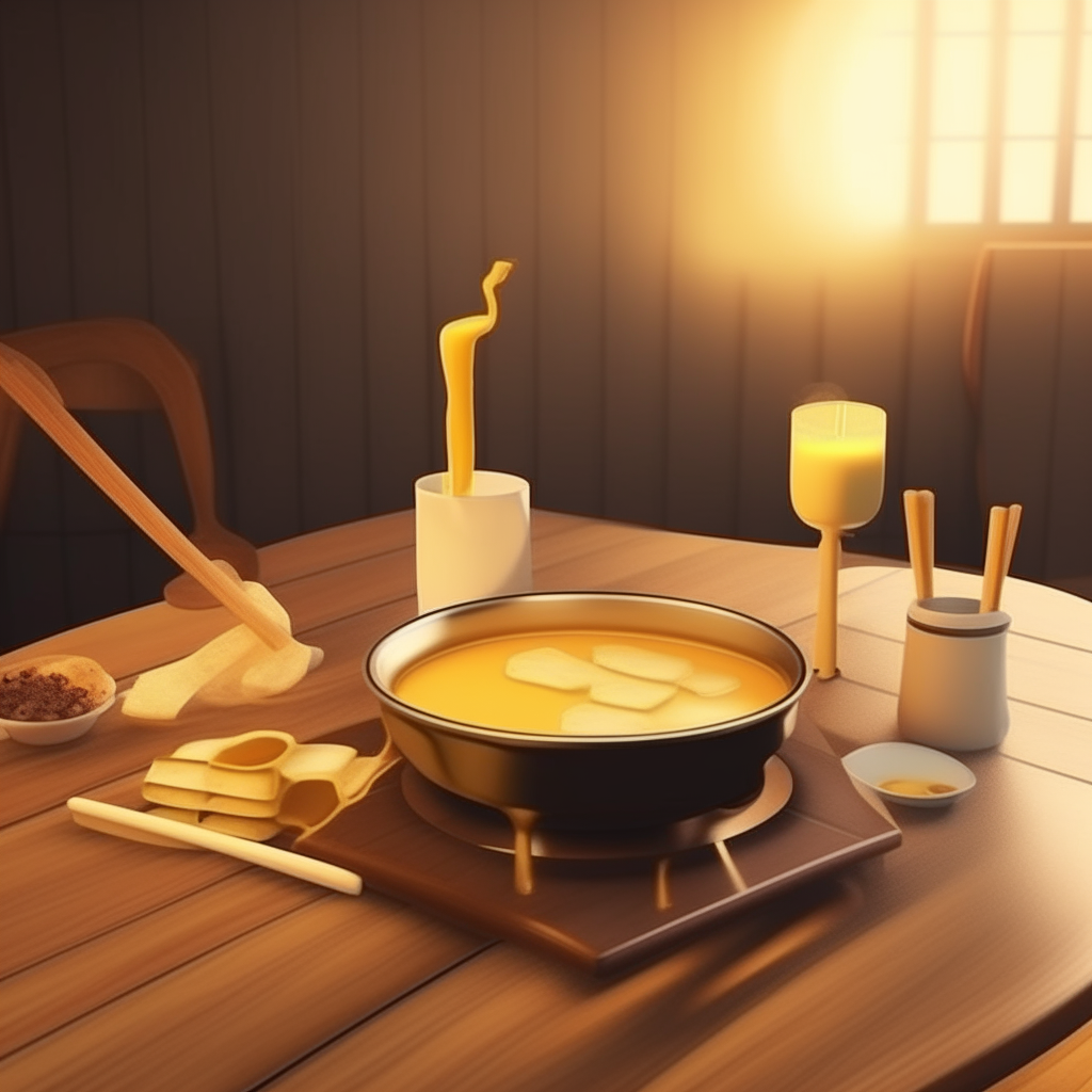 cheese and melted cheese fondue on a wooden kitchen table, photorealistic 1970s style interior design