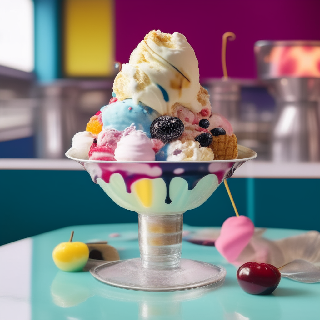 A 1970s ice cream parlor with a colorful cosmic sundae that has 3 scoops of ice cream, blueberry compote, whipped cream, sprinkles and a cherry on top in a retro glass dish.