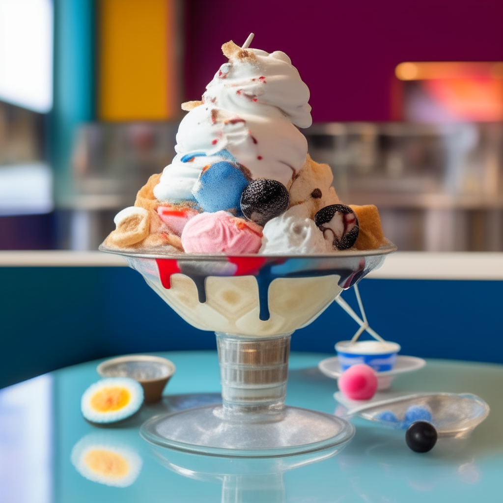 A 1970s ice cream parlor with a colorful cosmic sundae served in a vintage rocket-shaped glass dish, with 3 scoops of ice cream, blueberry compote, whipped cream, sprinkles and a cherry on top.