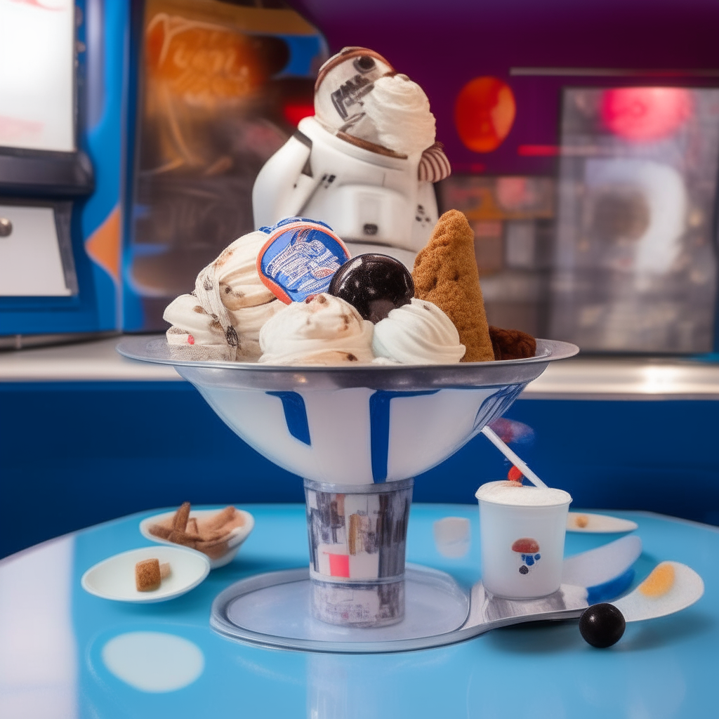 A 1970s ice cream parlor with a colorful cosmic sundae served in a Star Wars X-wing starfighter shaped glass dish, with 3 scoops of ice cream, blueberry compote, whipped cream, sprinkles and a cherry on top. There is a lightsaber and Star Wars posters on the wall.