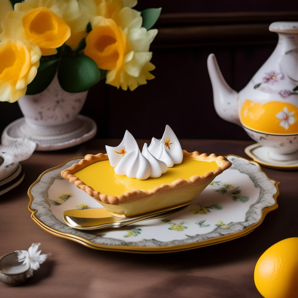 A slice of lemon meringue pie with flaky crust, lemon filling and meringue peaks on a floral plate on a 1970s table with teacups.