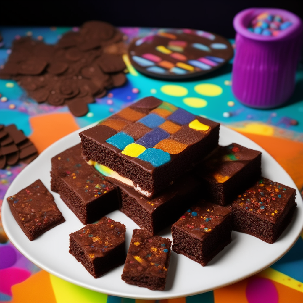 A platter of chocolate brownie squares with rainbow disco sprinkles on top, next to some retro 1970s vinyl records and tie dye patterns.