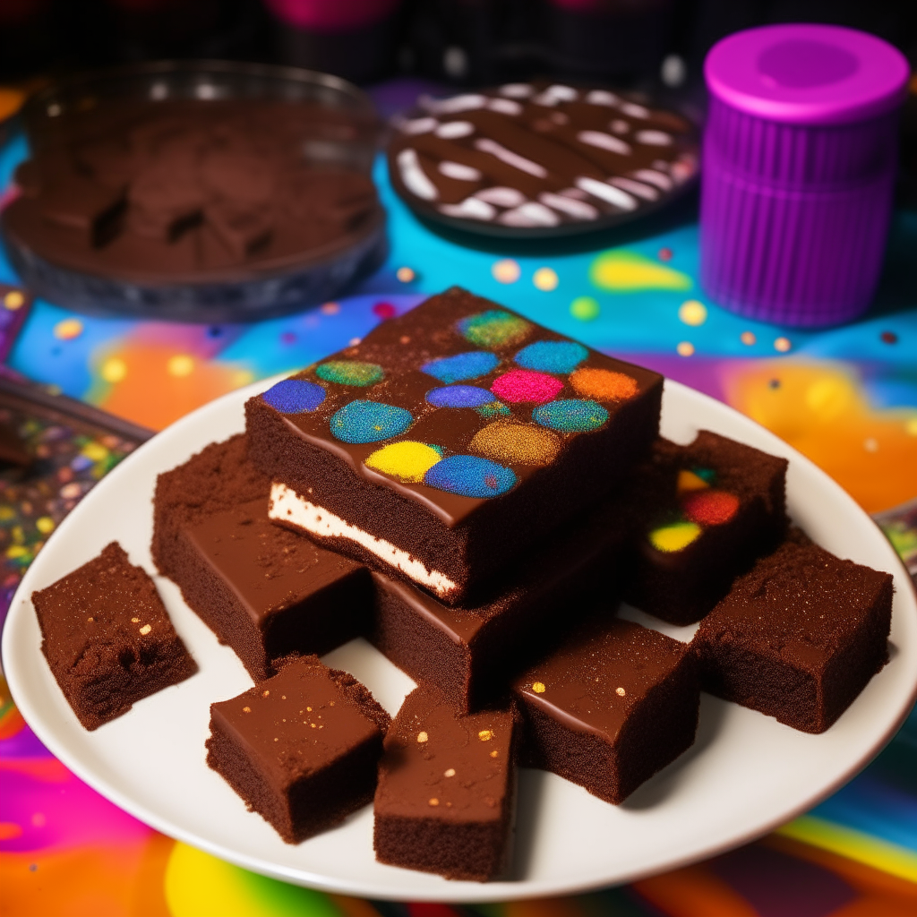 A platter of chocolate brownie squares with rainbow disco sprinkles on top, next to some retro 1970s vinyl records and tie dye patterns. There are bright disco lights shining down on the brownies.