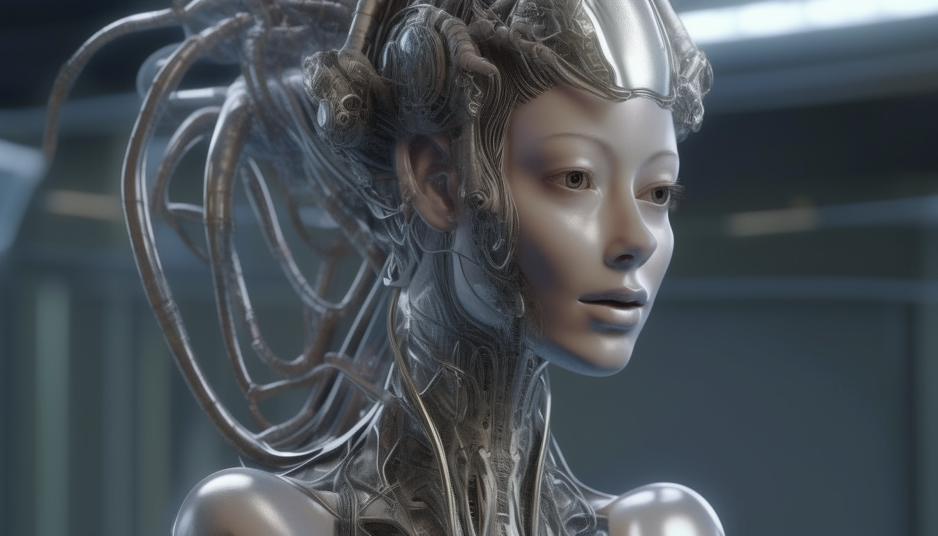 A beautiful alien cyborg goddess with liquid chrome and biomechanical tentacles coming from her head, photorealistic 4K rendering
