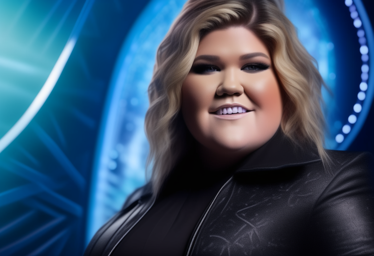 portrait of Kelly Clarkson standing in front of the American Idol logo, photorealistic 4K image, sharp focus, Canon 5D Mark IV