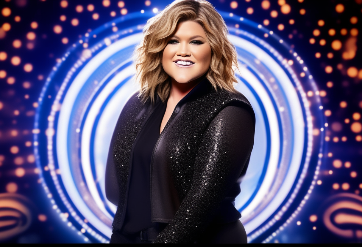 portrait of Kelly Clarkson standing in front of the brightly illuminated American Idol logo, which is large, centered and easy to read