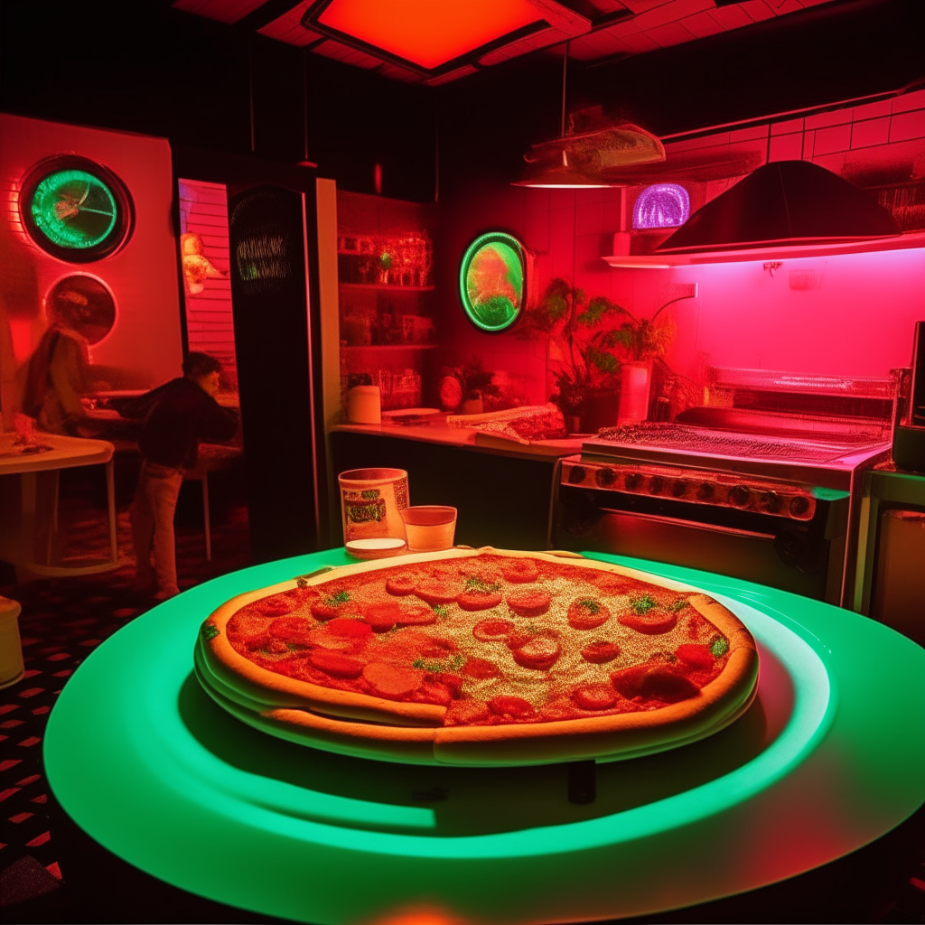 A vibrant 1980s-inspired kitchen with neon-lit countertops gleaming under soft disco lights. Center stage is a steaming Margherita Pizza with perfectly melted mozzarella, fresh basil leaves contrasting against the rich red of tomato sauce, all atop a golden crust. Surrounding the pizza are 80s pop artifacts: a retro MTV music video award, a record player spinning a Madonna vinyl, and a neon sign flashing Material Girl intermittently. The setting embodies the marriage of timeless culinary elegance with the iconic pop culture aesthetic of the era.