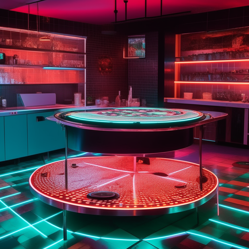 A vibrant 1980s-inspired kitchen-themed dancefloor with neon-lit countertops gleaming under soft disco lights. Center stage stands the margherita pizza on a metal stand.