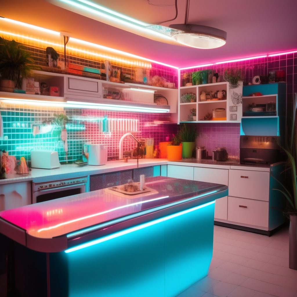 a vibrant 1980s style kitchen with neon lit countertops, disco lights and a dancing margherita pizza