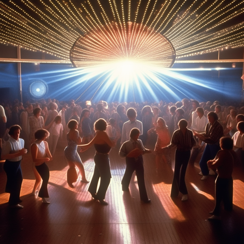 1980s dancefloor with people dancing, rays of light beams shining around, a giant margherita pizza on a metal stand in the very center of the dancefloor