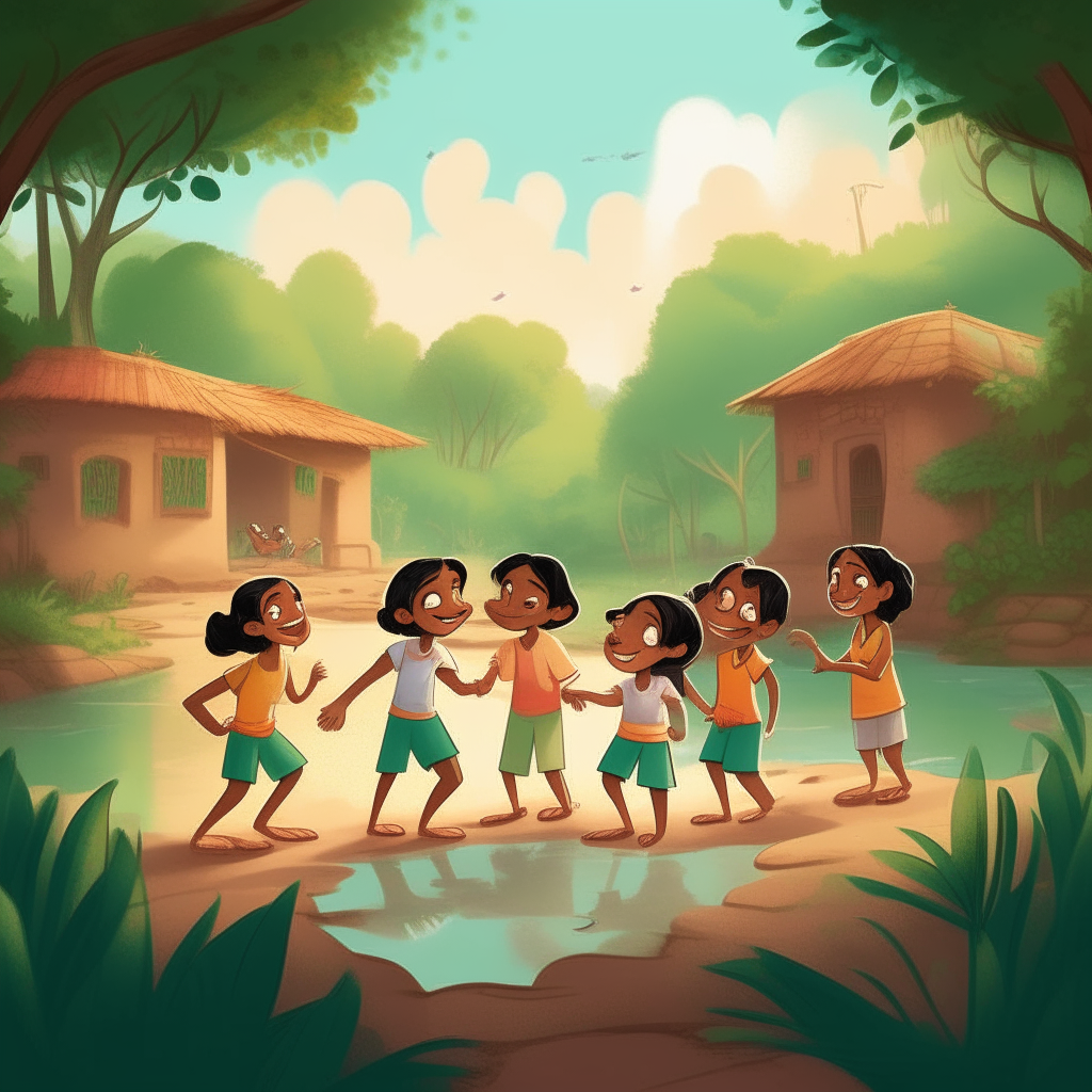 Create animated image of four friends named Raj, Seema, Ajay, and Nita playing joyfully in a small village located in a dense forest near river. The scene should reflect the beauty of their friendship and the enchanting surroundings of their village in the heart of nature."