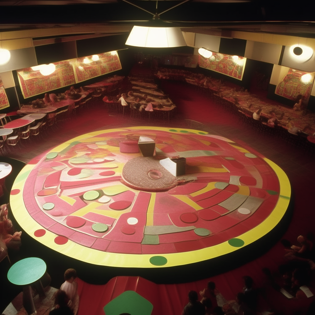 view from above of a giant margarita pizza in the middle of a 1980s dancefloor