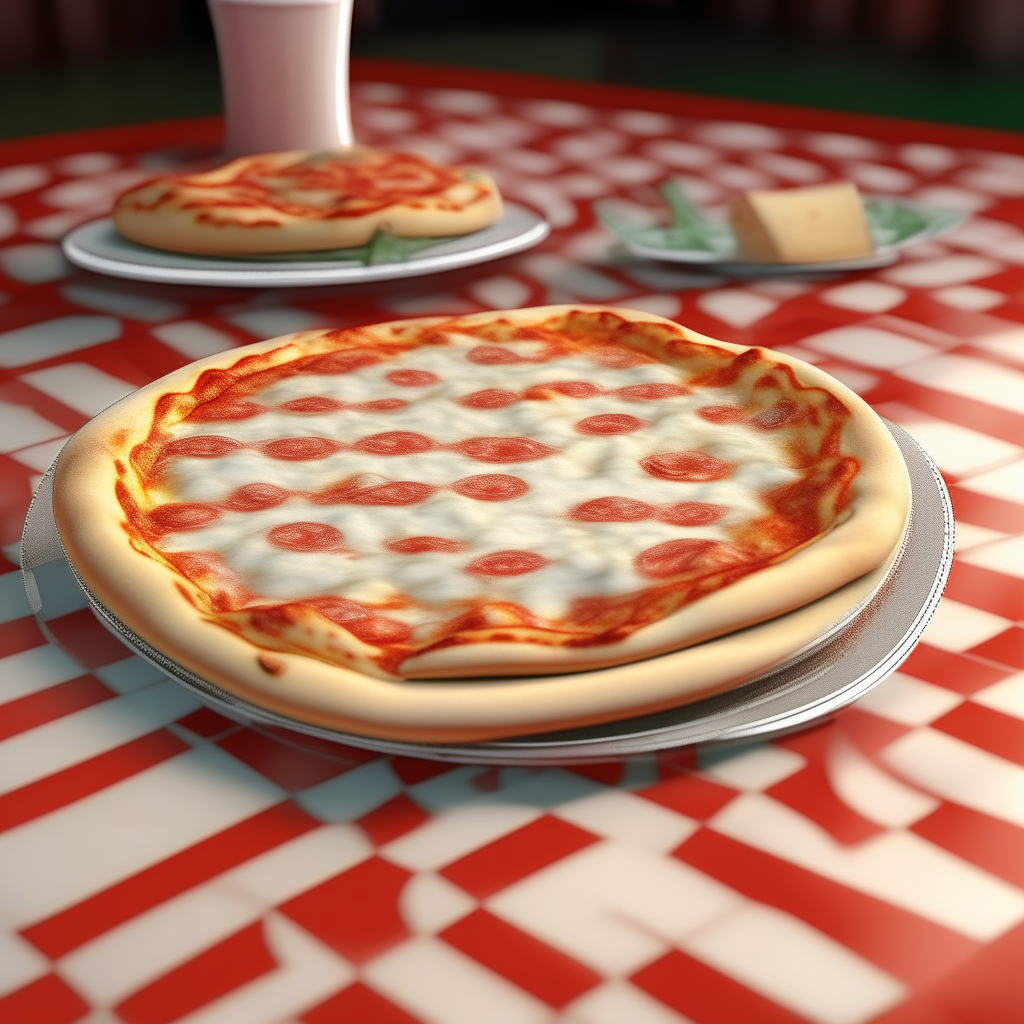 a hot, delicious pizza margherita with melted mozzarella cheese on a red and white checkered tablecloth in a 1980's style restaurant, photorealistic