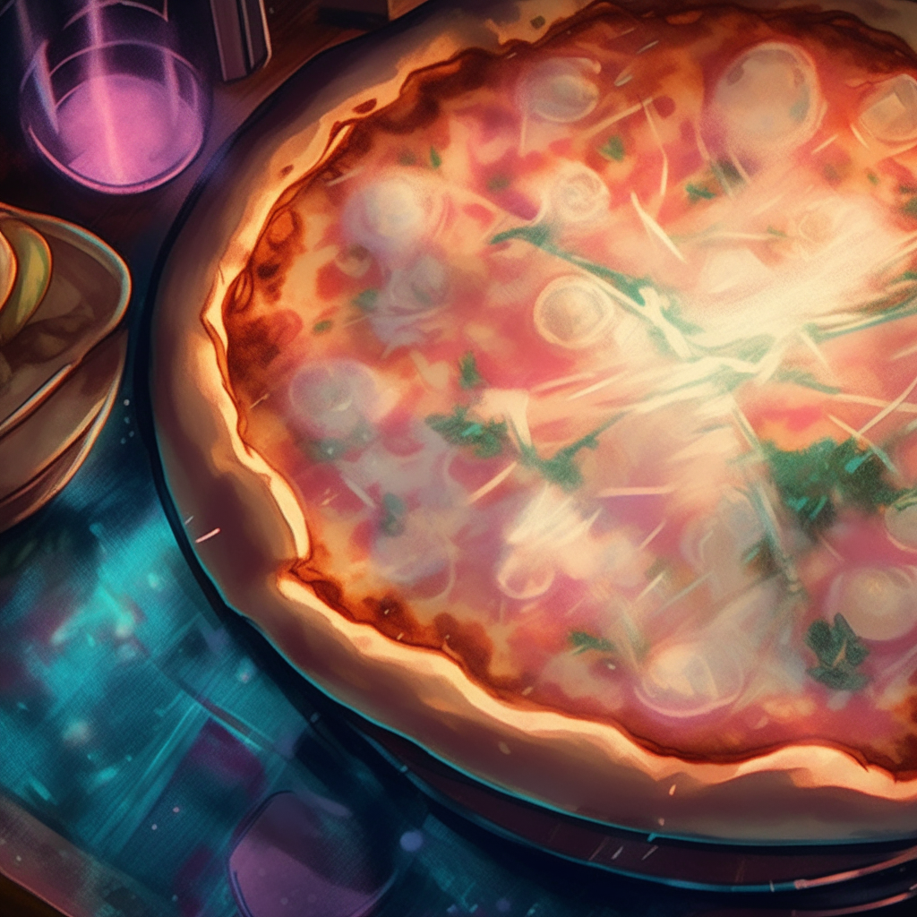 A close up view from above of a well toasted pizza margherita with melted mozzarella cheese on a wooden table in a 1980's restaurant, with bright disco lights shining down from above in blues, greens, pinks and purples, highly detailed digital art painting