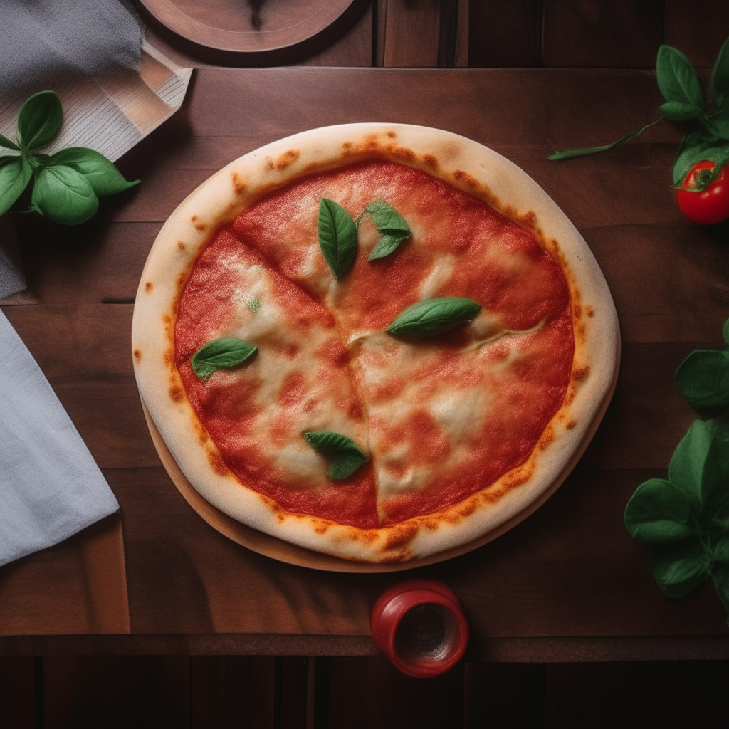 a delicious pizza margherita on a vintage wooden restaurant table, 1980s aesthetic aerial view from directly above the table looking down