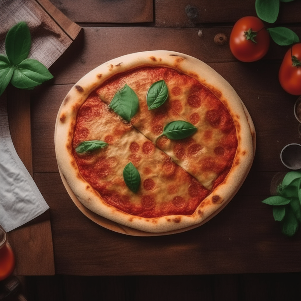 a delicious pizza margherita with a crispy toasted crust and clearly defined ingredients on a vintage wooden restaurant table, 1980s aesthetic, aerial view from directly above the table looking down