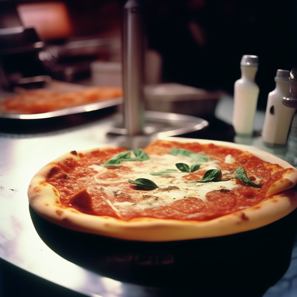 A fresh hot pizza margherita with tomato sauce, mozzarella cheese, basil, and olive oil sitting on top of a makeup counter backstage at a 1980's glam metal rock concert, photograph