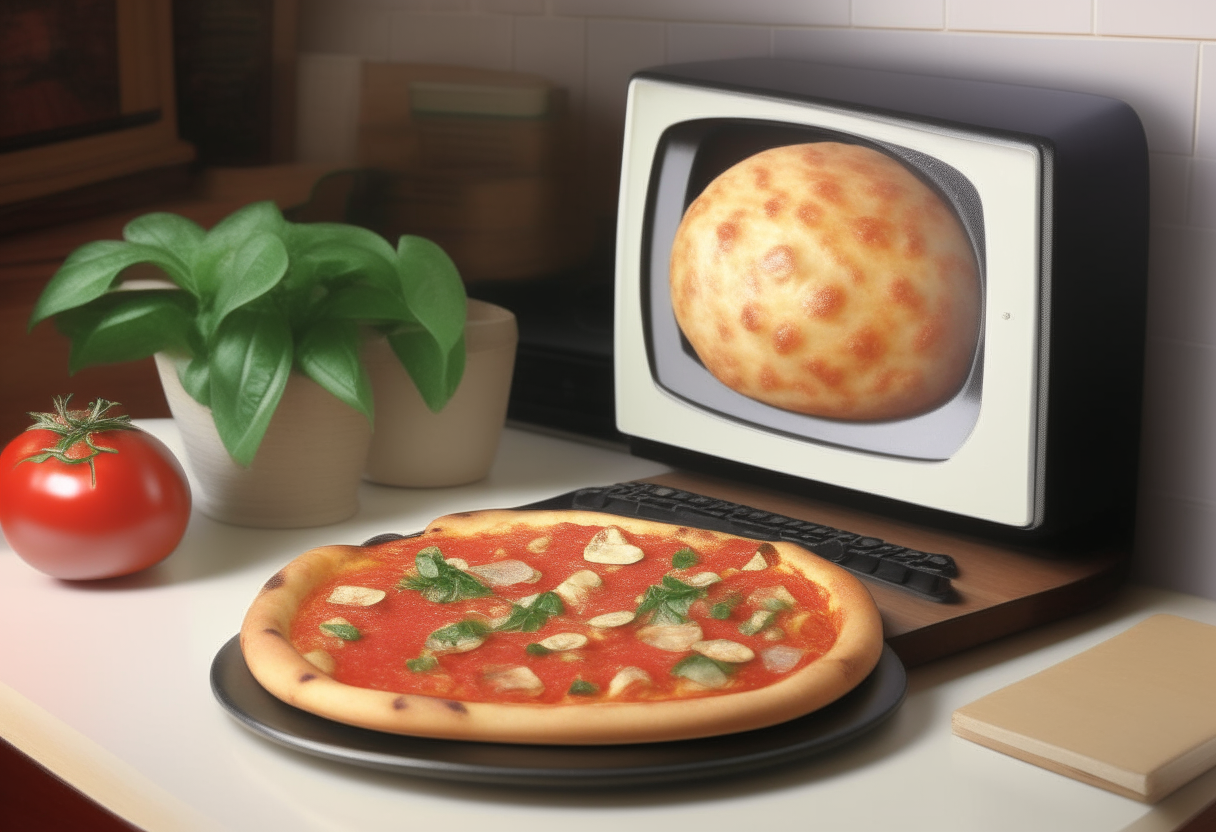 a margherita pizza with tomatoes, mozzarella and basil leaves on a wooden table next to an old beige computer monitor with green text, in an office setting from the 1980s photorealistic