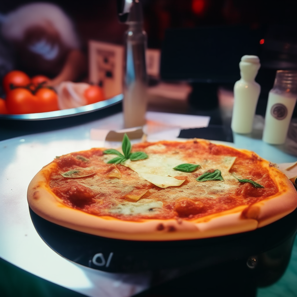 A fresh hot pizza margherita with tomato sauce, mozzarella cheese, basil, and olive oil sitting on top of a makeup counter backstage at a 1980's glam metal rock concert, surrounded by eyeshadow, lipstick, blush, and eyeliner.