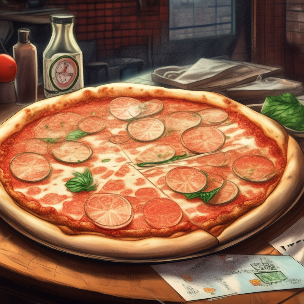 A margherita pizza with sliced tomatoes and melted mozzarella cheese on a round thin crust on a wooden table inside the busy stock exchange trading floor in New York City in the 1980s, digitally painted