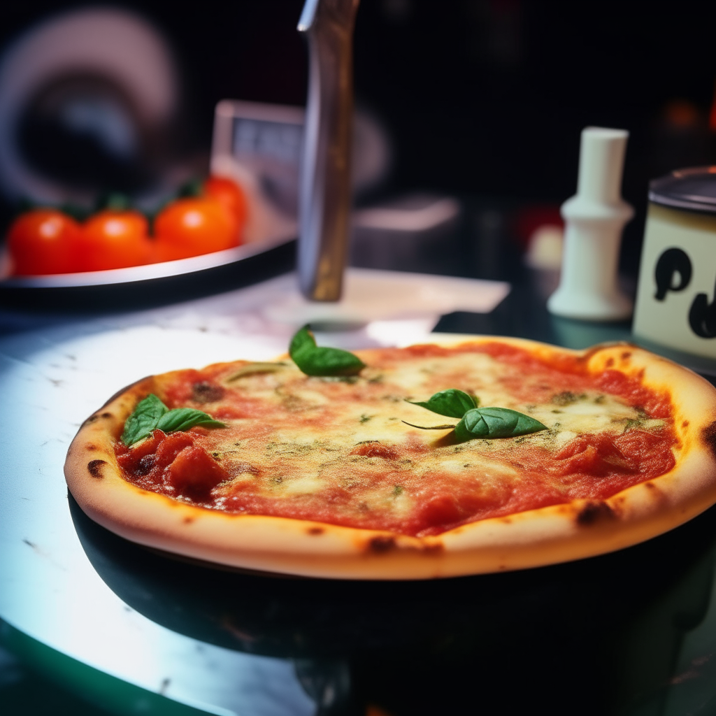 A fresh hot pizza margherita with tomato sauce, mozzarella cheese, basil, and olive oil sitting on top of a makeup counter backstage at a 1980's glam metal rock concert, surrounded by red lipstick, black eyeliner, eyeshadow, and blush.